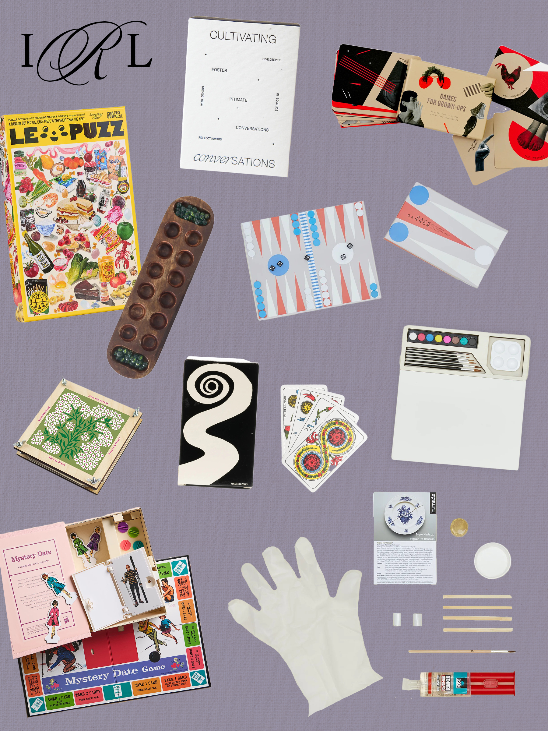 a collage of under $50 holiday gifts for fun get togethers including a Le Puzz puzzle, Cultivating Conversation cards, Mancala, backgammon game set, a flower press, tarot cards, a watercolor paint set, Mystery Date Game in a book shape, and a Kintsugi Kit