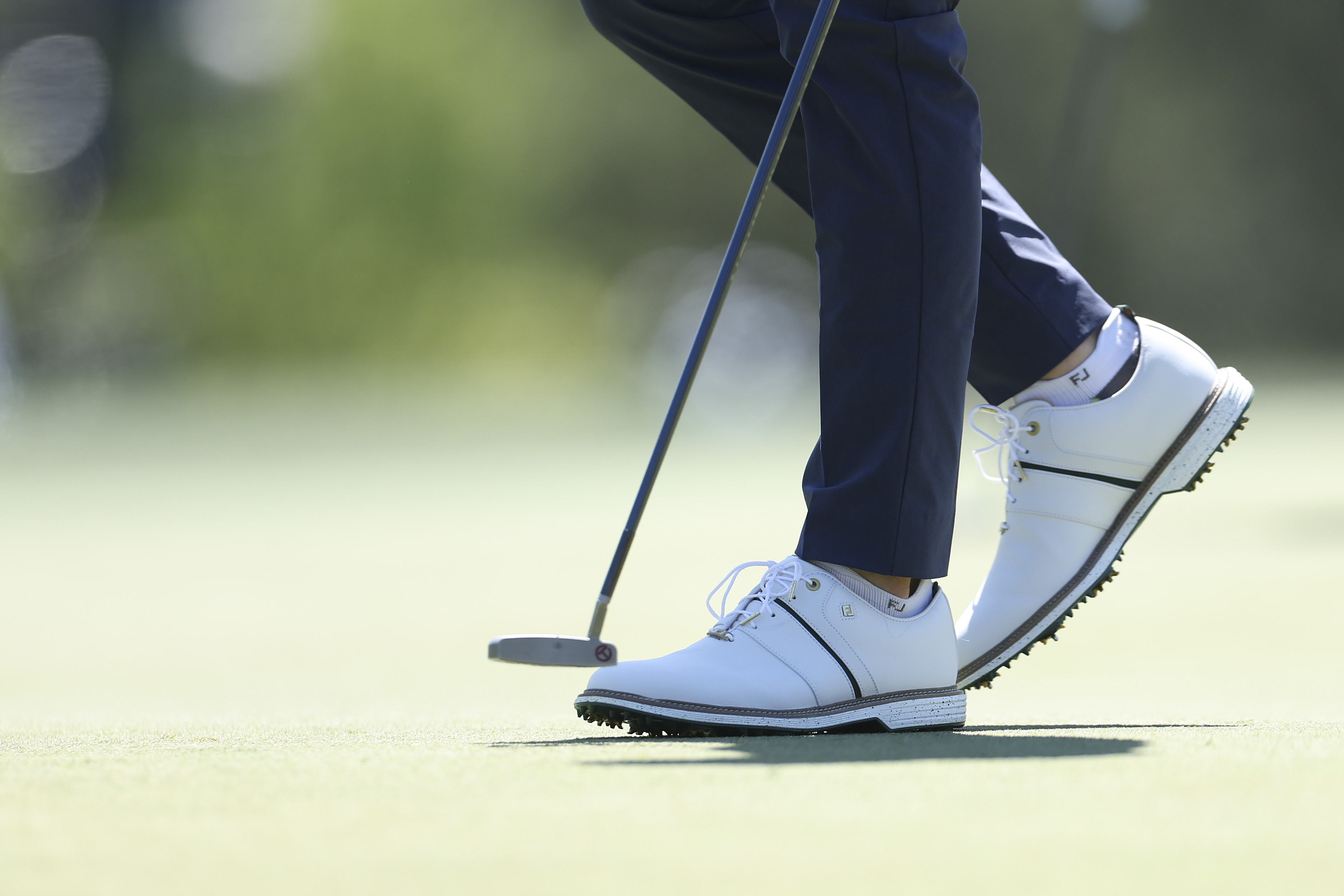A detailed view of the shoes worn by Cameron Young of the United States during the first round of the 2026 Masters Tournament at Augusta National Golf Club