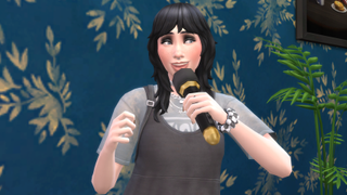 A Sim singing with a black microphone in The Sims 4.