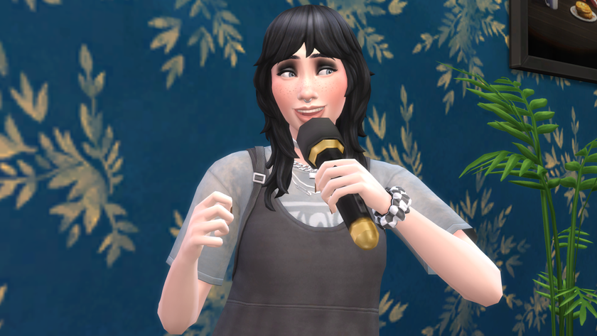 A Sim singing with a black microphone in The Sims 4.