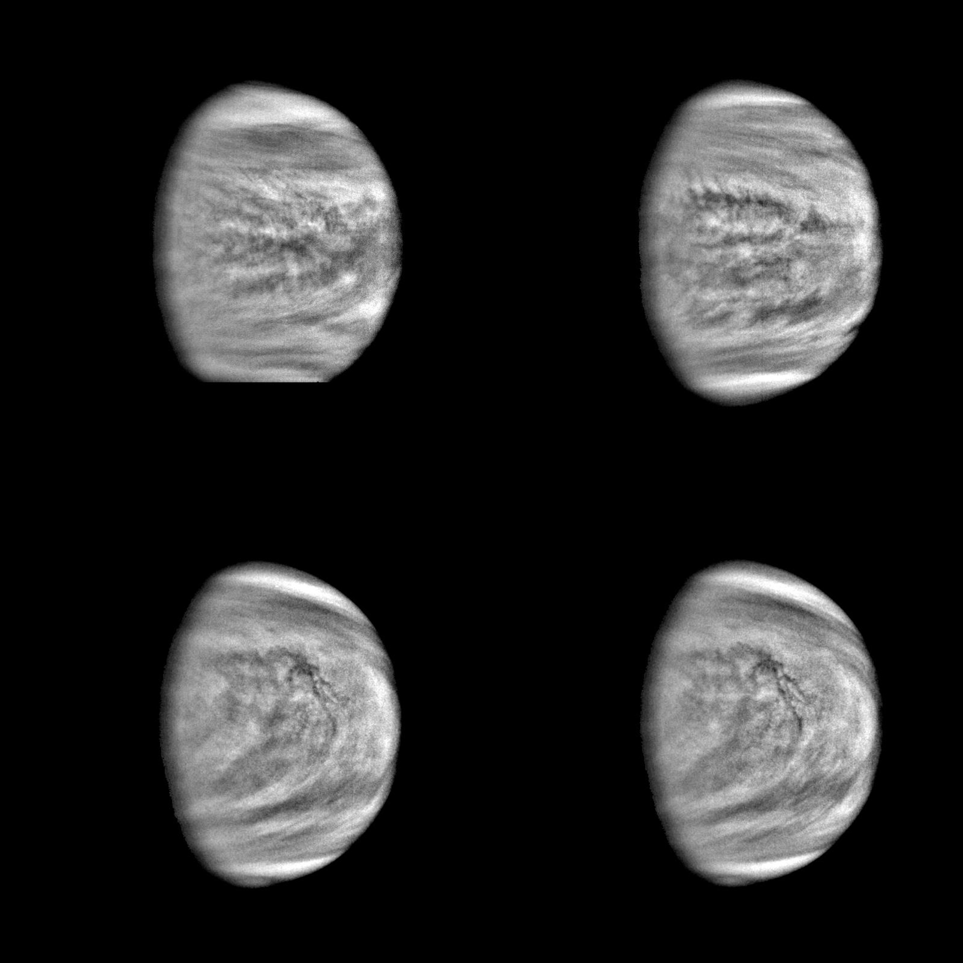 A four-paneled image showing blurry partial images of the swirling surface of Venus