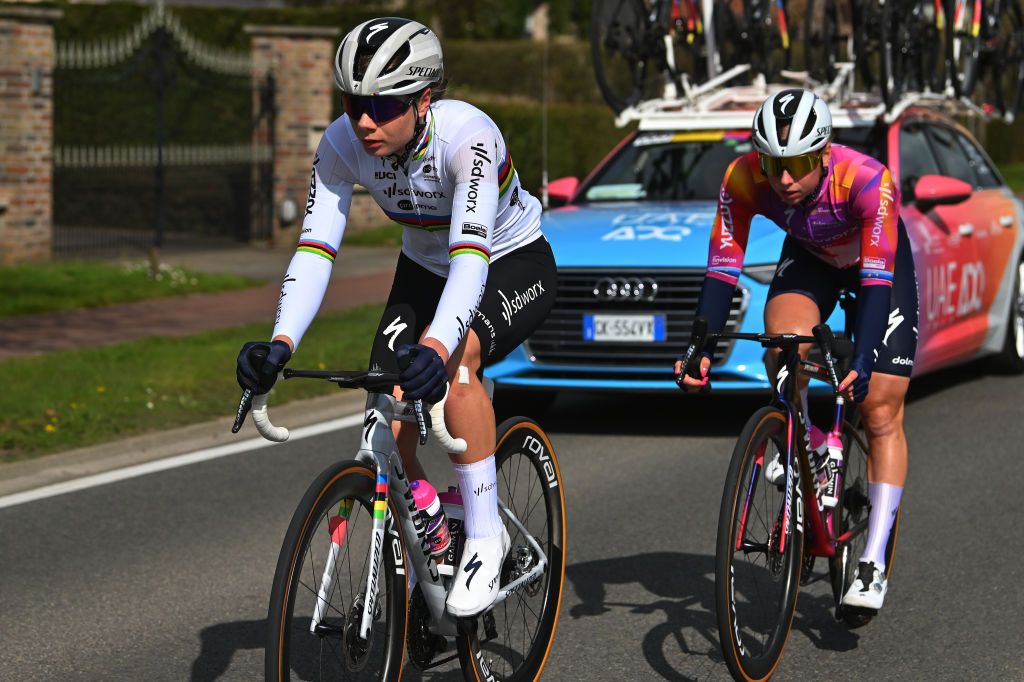 WEVELGEM BELGIUM MARCH 24 LR Lotte Kopecky of Belgium and Lorena Wiebes of The Netherlands and Team SD WorxProtime compete during the 13rd GentWevelgem in Flanders Fields 2024 Womens Elite a 1712km one day race from Ieper to Wevelgem UCIWWT on March 24 2024 in Wevelgem Belgium Photo by Luc ClaessenGetty Images