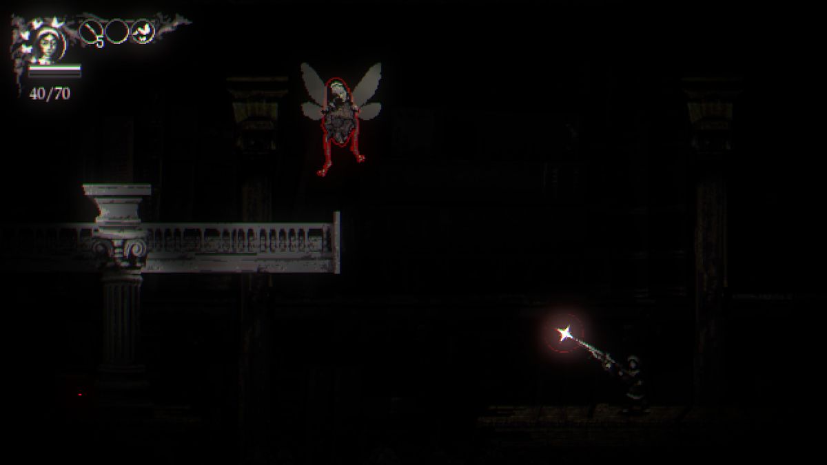 Metamorphosis aiming gun at cockroach creature in darkness