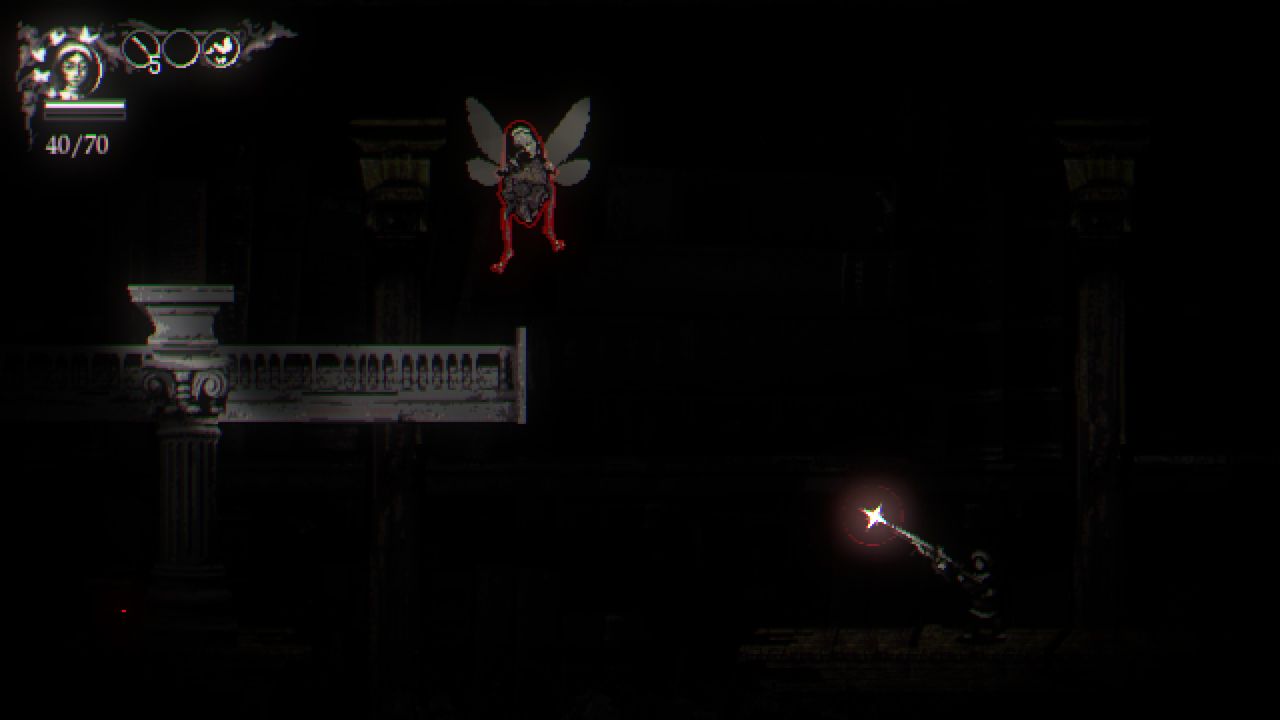 Metamorphosis aiming gun at cockroach creature in darkness