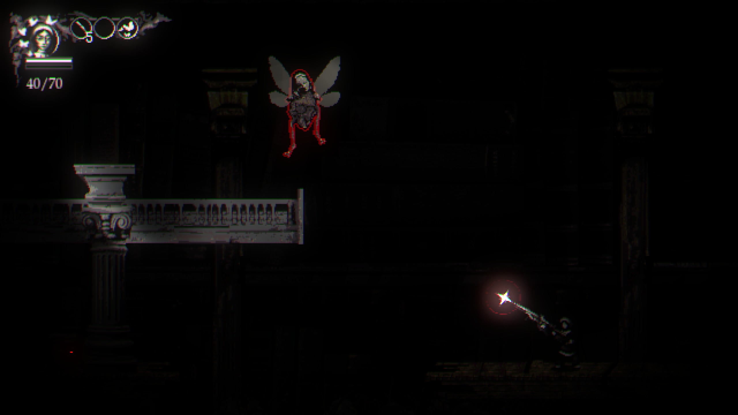 Metamorphosis aiming gun at cockroach creature in darkness