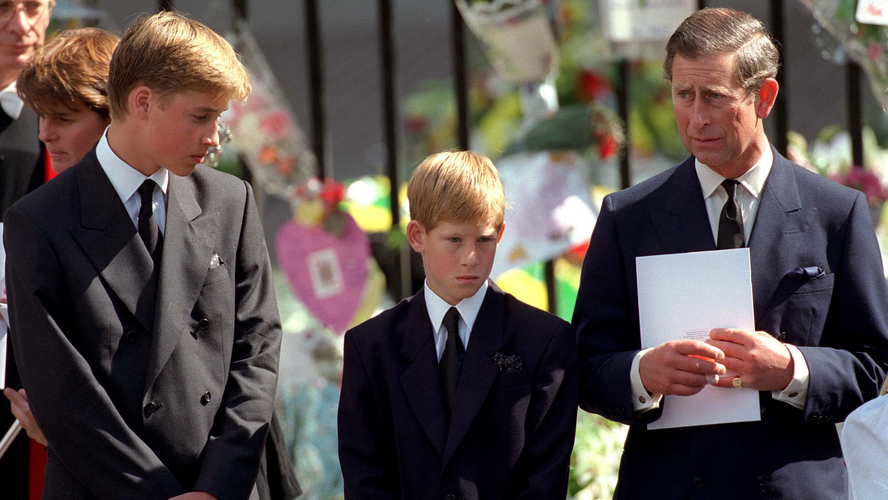 Prince William, Prince Harry and King Charles stand outside Westminster Abbey at the funeral of Diana, The Princess of Wales