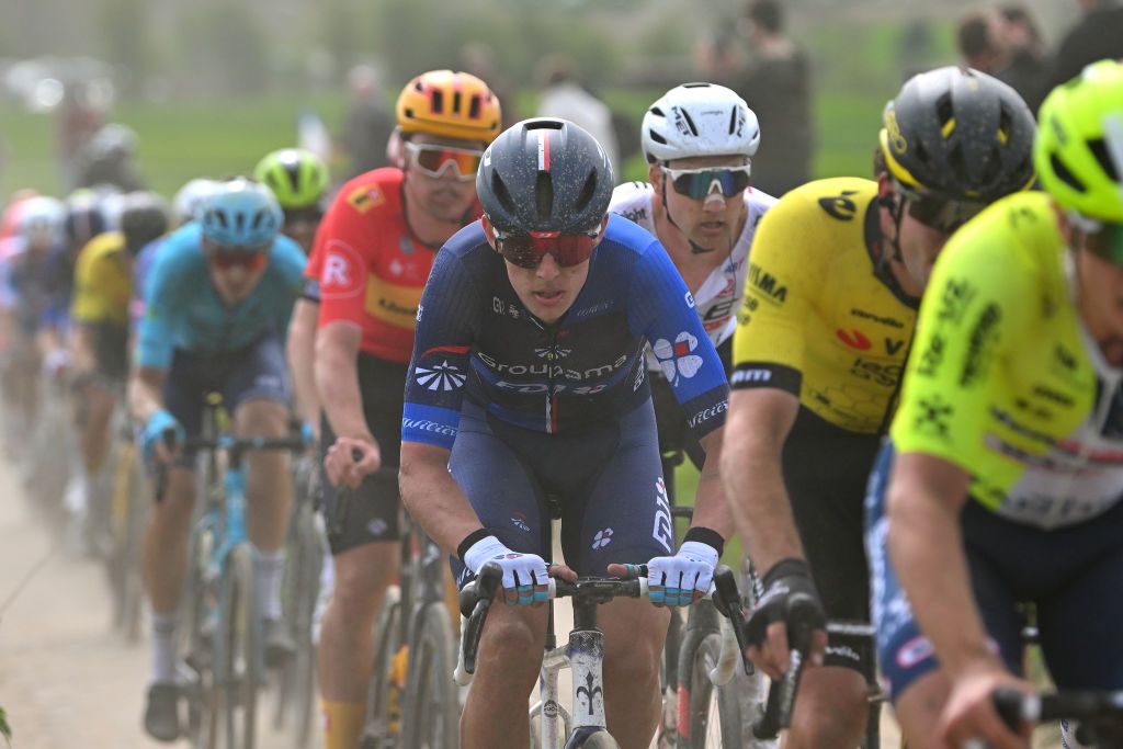 ROUBAIX FRANCE APRIL 07 Laurence Pithie of New Zealand and Team Groupama FDJ competes passing through the Capelle Ruesnes cobblestones sector during the 121st ParisRoubaix 2024 a 2597km one day race from Compiegne to Roubaix UCIWT on April 07 2024 in Roubaix France Photo by Luc ClaessenGetty Images