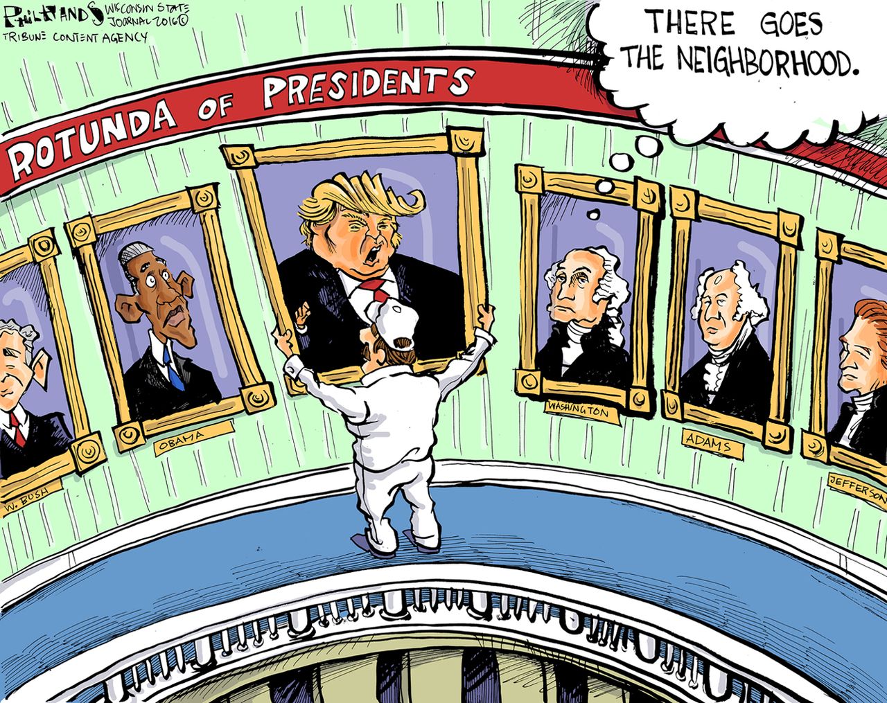 Political cartoon U.S. Donald Trump presidential company