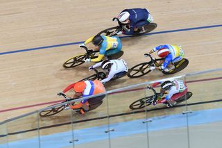 Becky James (top) in action during the keirin