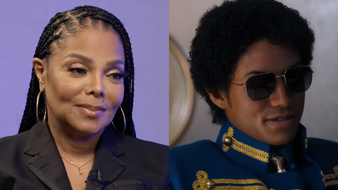 Janet Jackson is interviewed on Loose Women, while Michael Jackson (Jaafar Jackson) looks on in Michael.