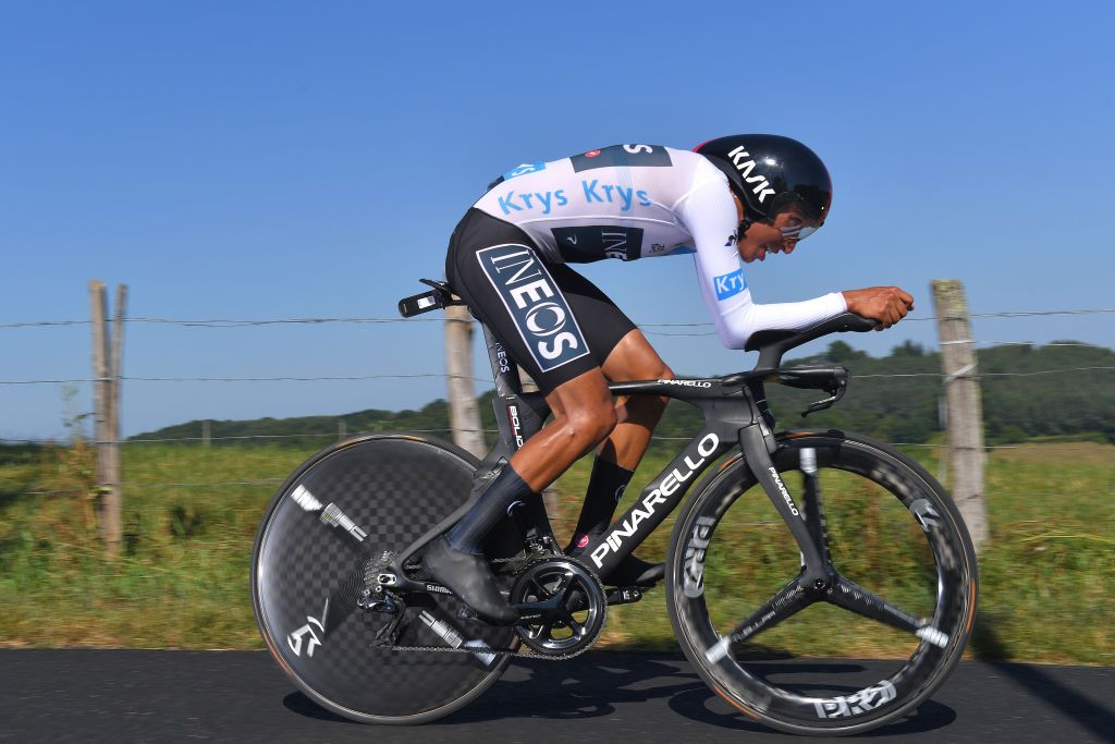 Egan Bernal in the white jersey on stage 13