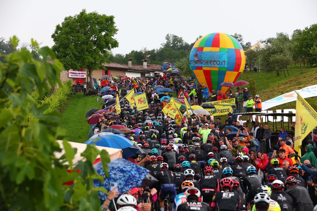 The pack climbs the Muro di Ca' del Poggio during the 20th stage of the 107th Giro d'Italia cycling race, 184km between Alpago and Bassano del Grappa on May 25, 2024. (Photo by Luca Bettini / AFP)
