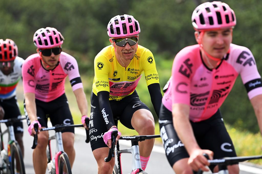 TAVIRA PORTUGAL FEBRUARY 17 Magnus Cort Nielsen of Denmark and Team EF Education Easypost Yellow Leader Jersey with teammates compete during the 49th Volta ao Algarve em Bicicleta 2023 Stage 3 a 2031km stage from Faro to Tavira VAlgarve2023 on February 17 2023 in Taviria Portugal Photo by Tim de WaeleGetty Images