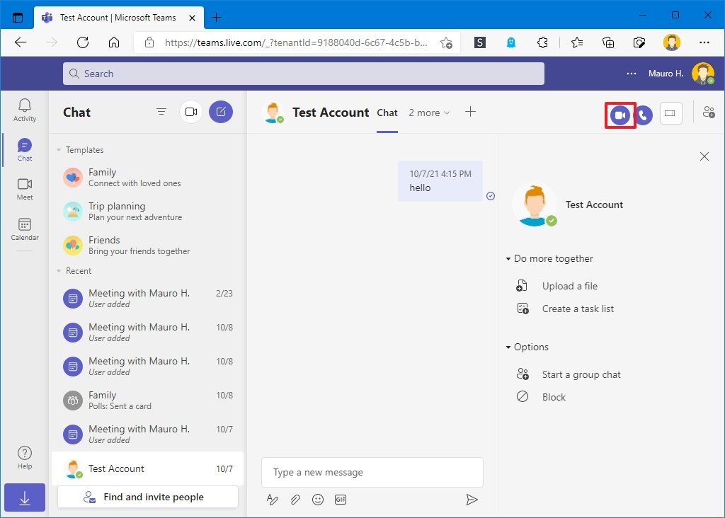 Start video call on Microsoft Teams