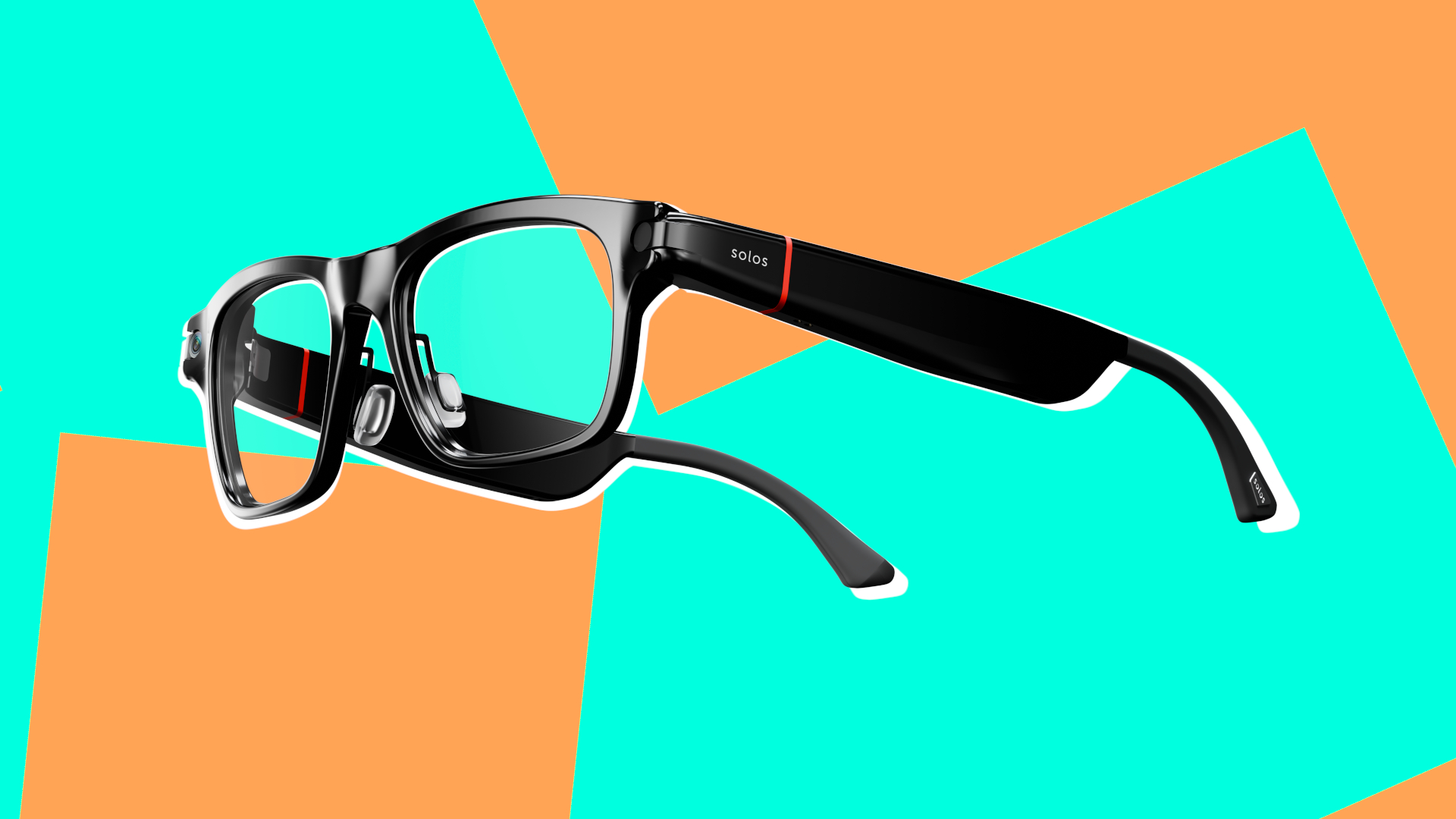 Solos AirGo V2 smart glasses in front of a colorful geometric backdrop