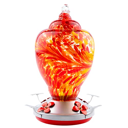 Wosibo Hummingbird Feeder for Outdoors Patio Large 32 Ounces Colorful Hand Blown Glass Hummingbird Feeder With Ant Moat Hanging Hook, Rope, Brush and Service Card (red)