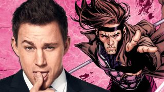 Channing Tatum in front of a pink background and image of the Marvel character Gambit.