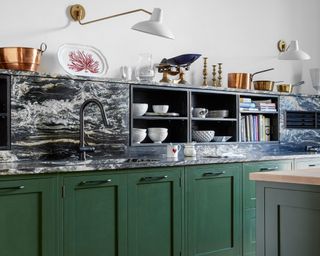 roost episode 6 - green kitchen with black marble worktop and splashback - Credit-Future_-Paul-Massey_