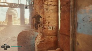 Star Wars Jedi Survivor Jedha Cal climbing up wall in a large hall