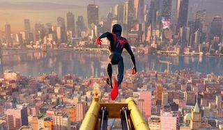 Miles Morales jumping off a crane as Spider-Man in Into the Spider-Verse