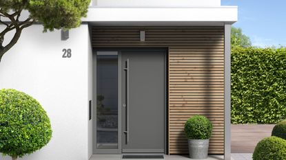 front yard design with grey front door