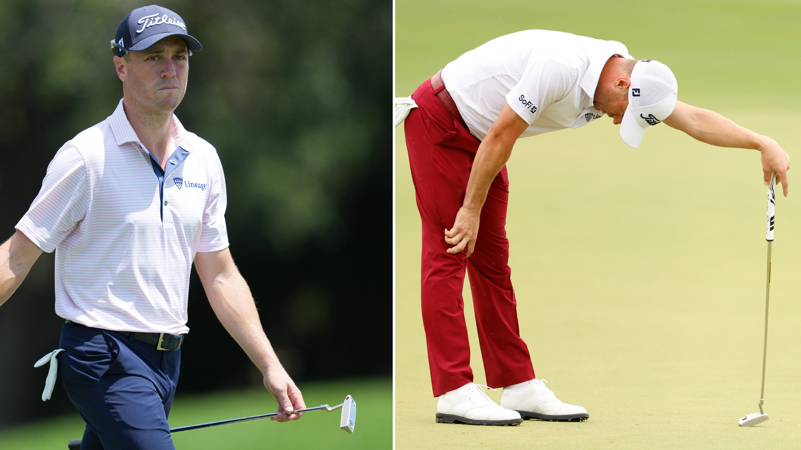 Justin Thomas walks off the green holding two different putters