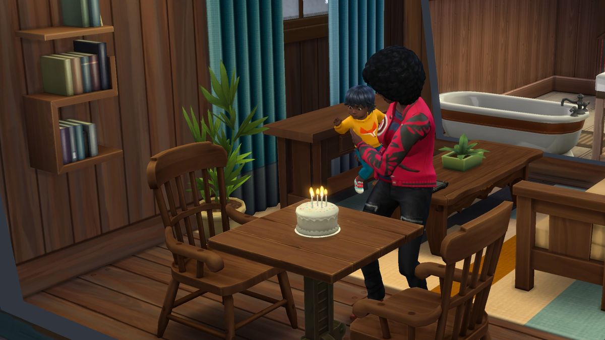 A toddler held by its mum blows out birthday candles in The Sims 4