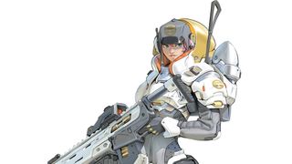 A drawing of a female sci-fi character with a big gun