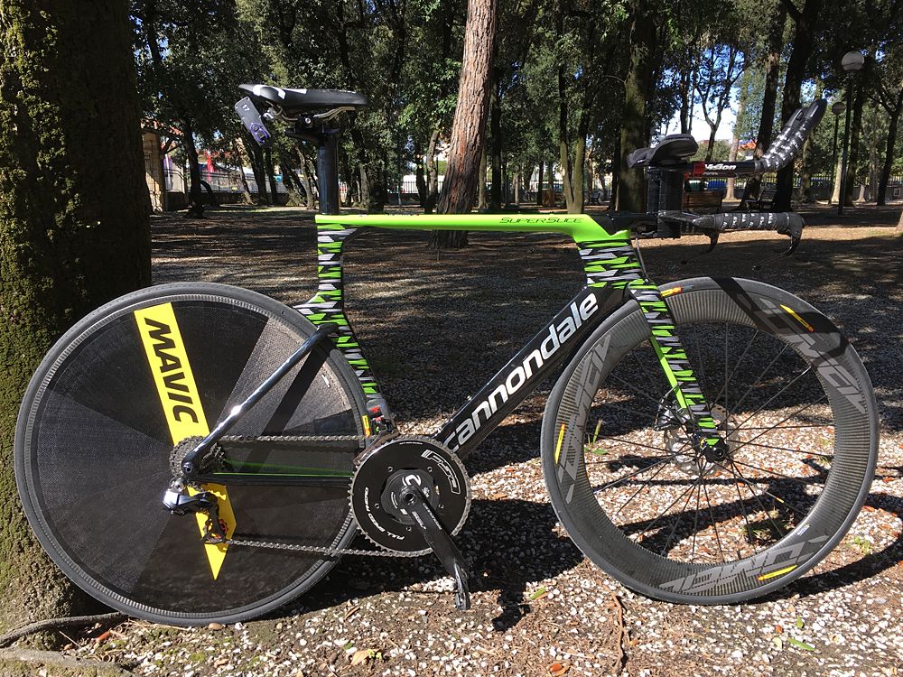The Cannondale Super Slice disc TT bike on display at Tirreno-Adriatico