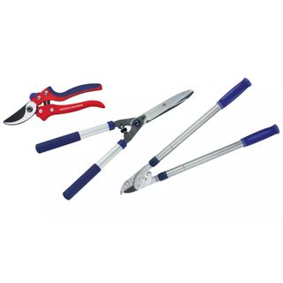 three gardening tools including red and blue secateurs on the left, larger hedge trimmers in the middle, and loppers on the right