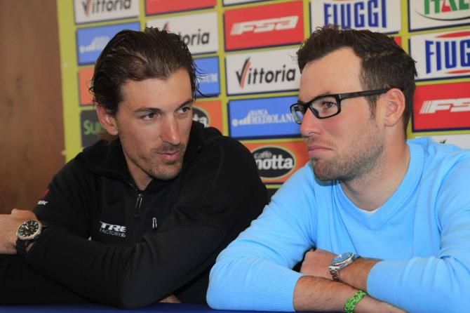 Fabian Cancellara and Mark Cavendish at the pre-Tirreno-Adriatico press conference in Bolgheri.