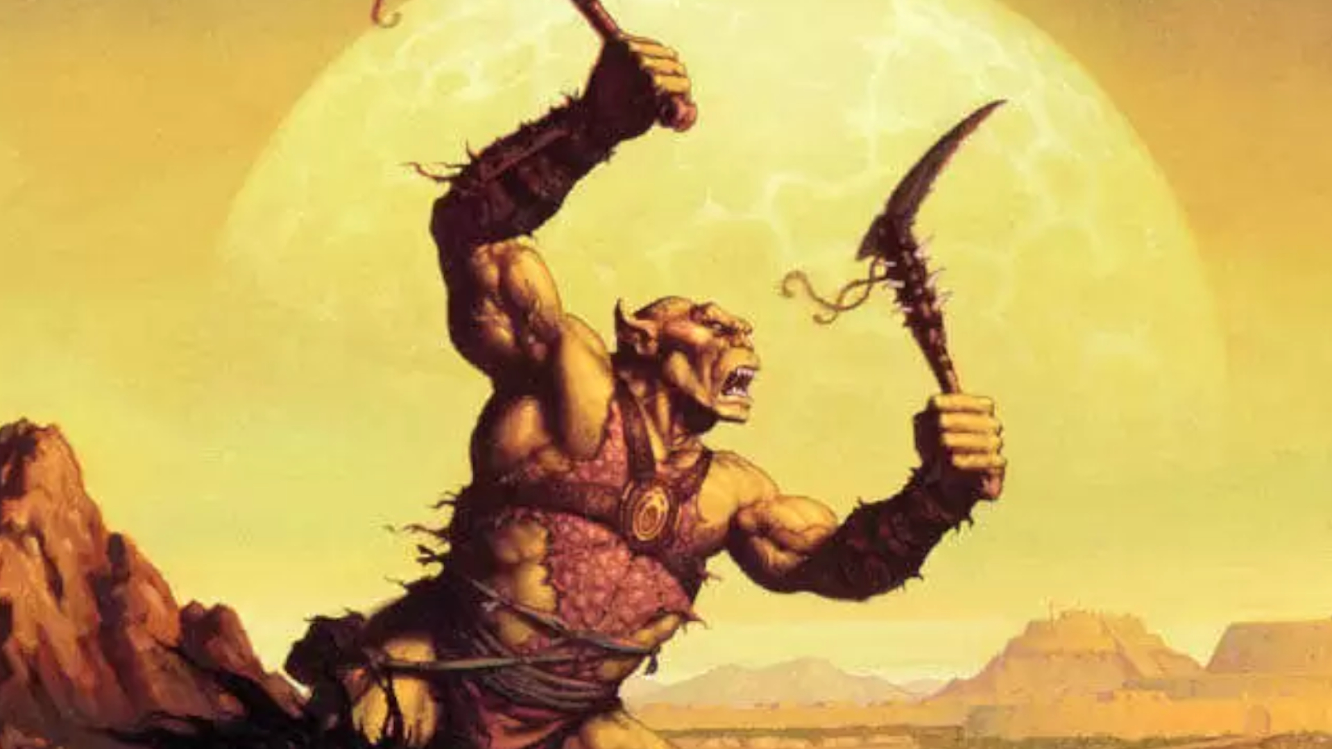 A monster wielding picks leaps forward, with a yellow sun visible in the background