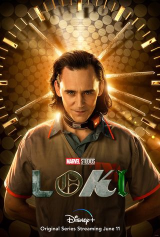 Tom Hiddleston smiles slyly in front of a huge, glowing clock in Loki's poster.
