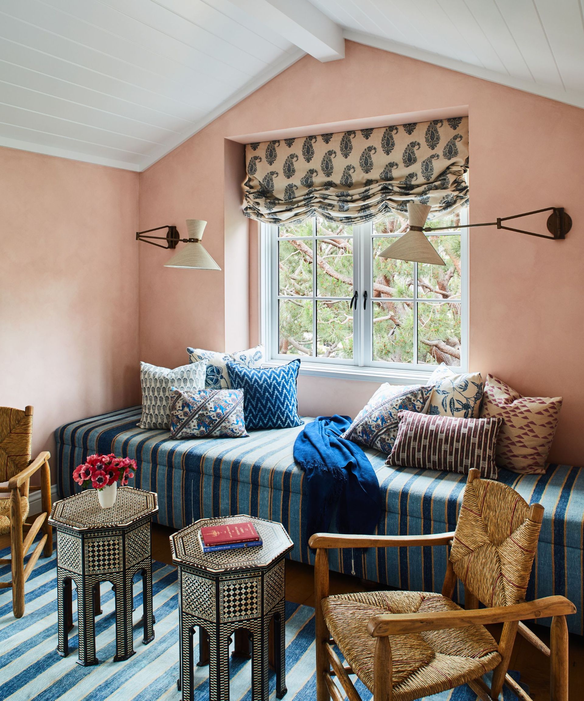 window seat nook with striped upholstery