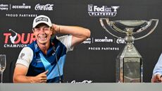 Viktor Hovland smiles with the FedEx Cup at his Tour Championship press conference