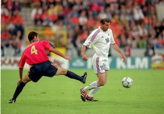 Pep Guardiola of Spain up against France's Zinedine Zidane at Euro 2000.