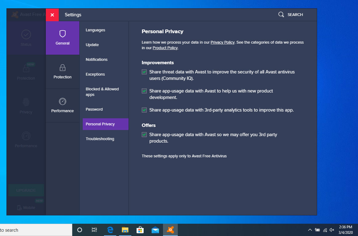 Avast's Personal Privacy page in March 2020.