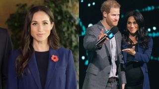 A photo of Meghan Markle wearing a blue blazer next to a photo of Meghan wearing the same blazer with a black top and baby bump standing next to Prince Harry