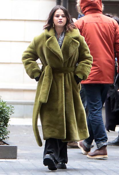 Selena Gomez Wore a Fuzzy Green Proenza Schouler Coat in NYC | Marie Claire