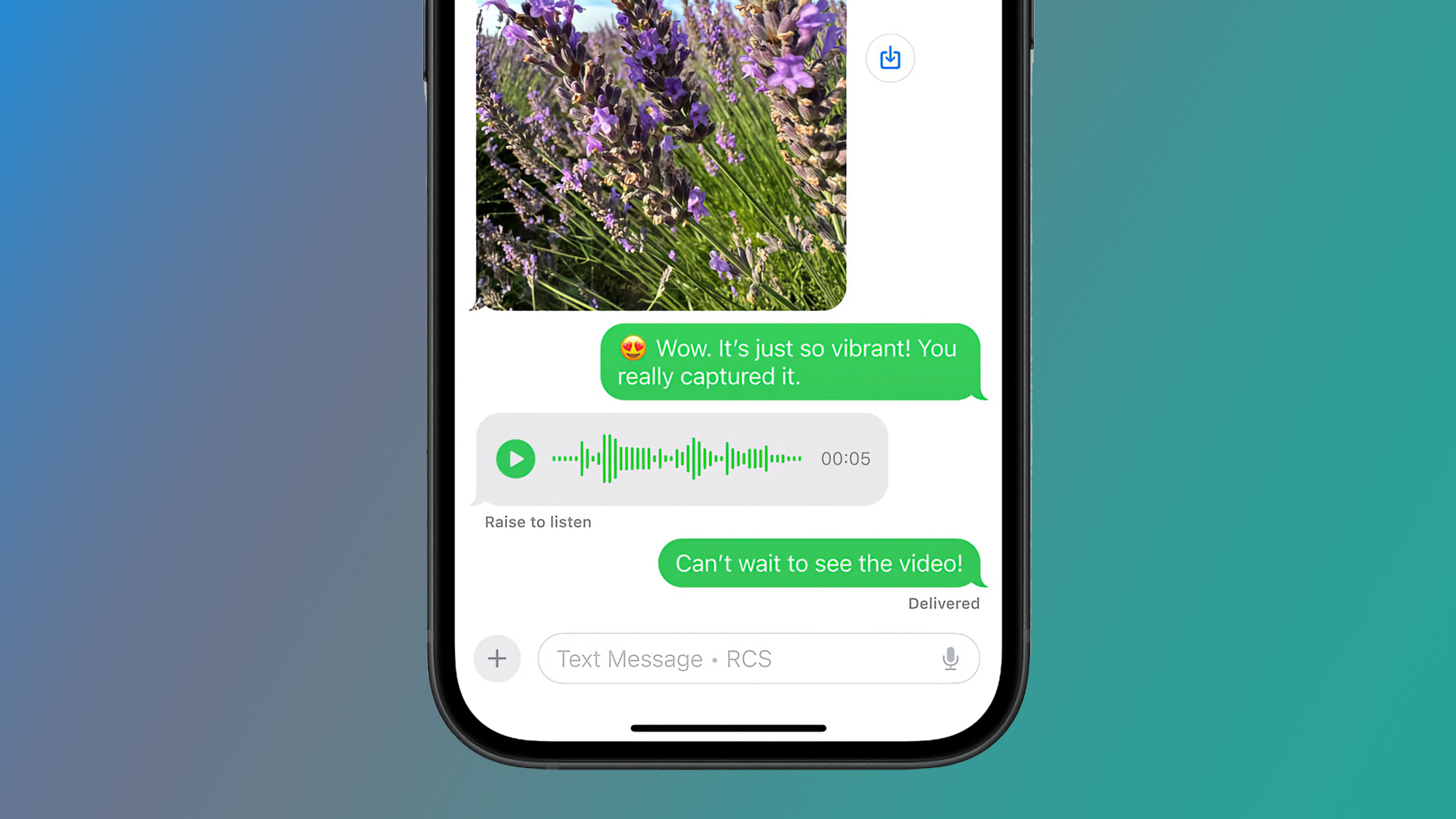 An iPhone on a blue and green background with an RCS message conversation