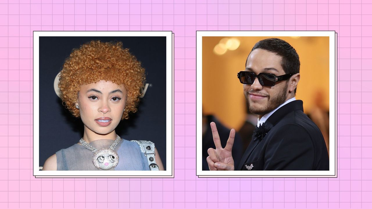 Pete Davidson and Ice Spice: Ice Spice pictured wearing a light blue, mesh dress, while attending the the 2023 Spotify Best New Artist Party at Pacific Design Center on February 02, 2023 in West Hollywood, California. / alongside Pete Davidson at the 2022 Met Gala, wearing sunglasses and flashing the peace sign / in a pink check template