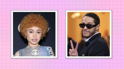 Pete Davidson and Ice Spice: Ice Spice pictured wearing a light blue, mesh dress, while attending the the 2023 Spotify Best New Artist Party at Pacific Design Center on February 02, 2023 in West Hollywood, California. / alongside Pete Davidson at the 2022 Met Gala, wearing sunglasses and flashing the peace sign / in a pink check template