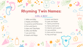a collage of rhyming twin names for boys and girls