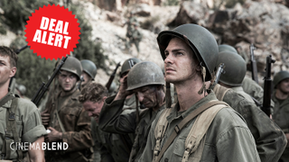 Andrew Garfield in Band of Brothers with 'deal alert' badge overlay