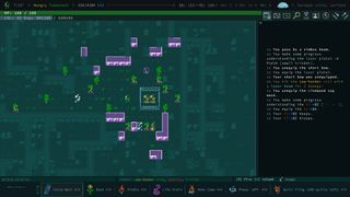 A screenshot of the mint green world and retro text log of Caves of Qud