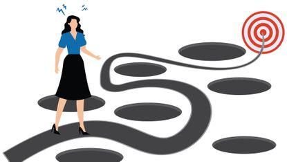 Illustration of a woman looking at pitfalls on the way to her target.
