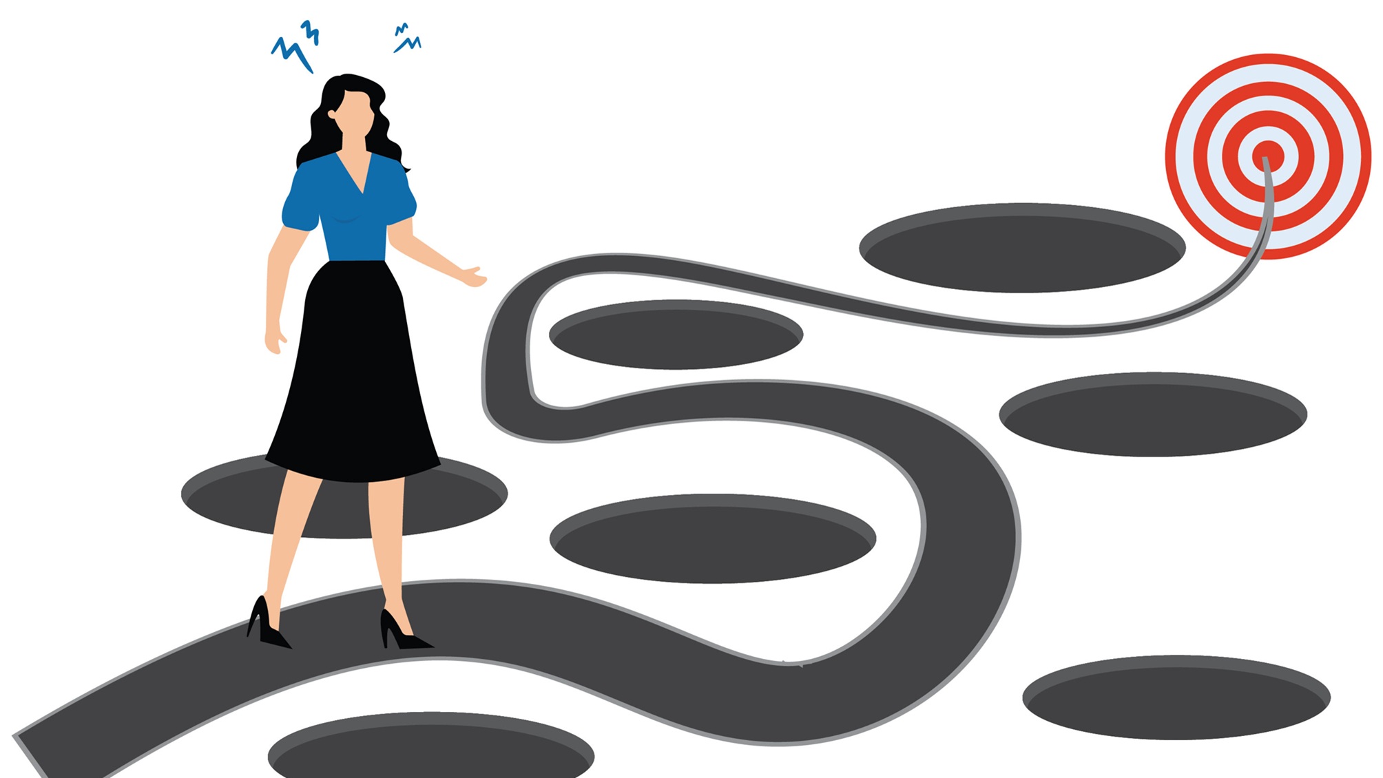 Illustration of a woman looking at pitfalls on the way to her target.