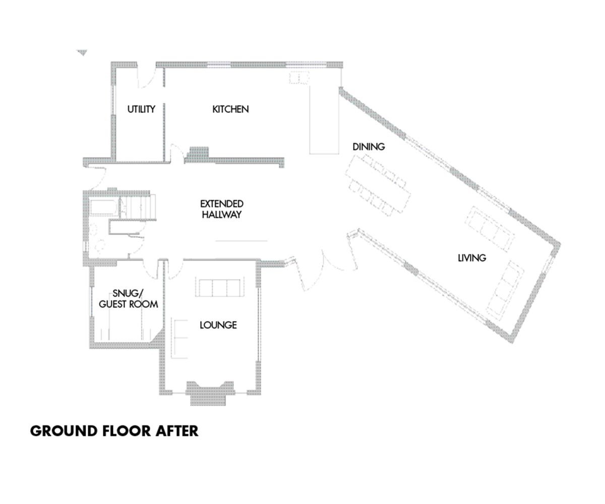 Floorplan of a ground floor home after an extension
