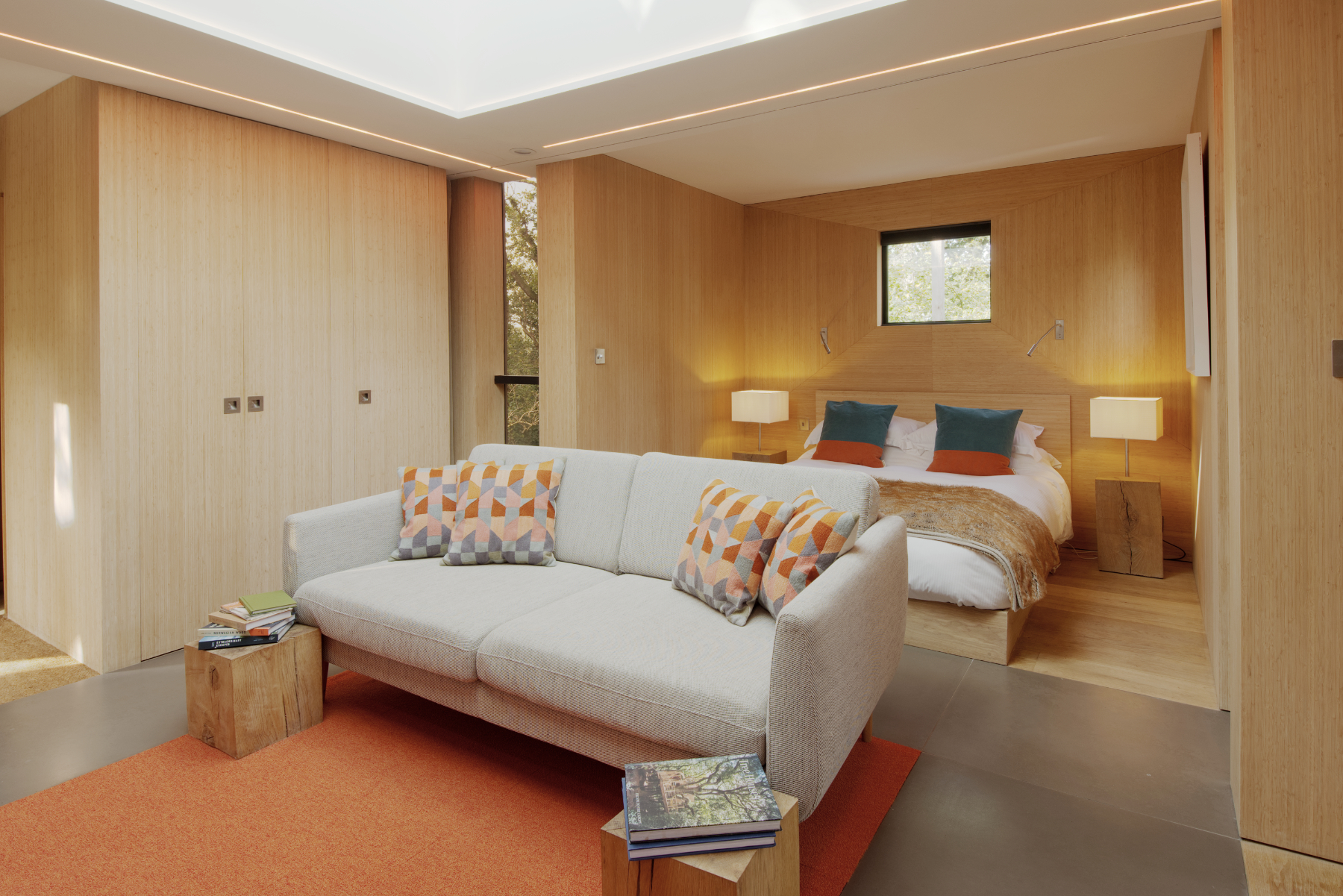 The interior of the Pinwheel Treehouse at Mallinson&#039;s Woodland Retreat