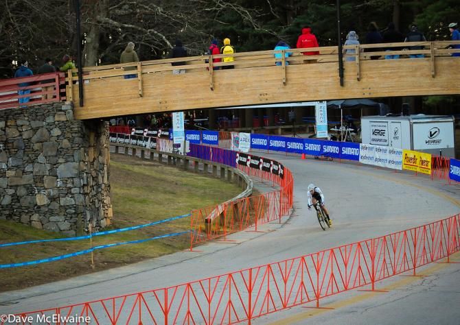 Curtis White (Cyclocrossworld.com) chasing Lindine on the pavement
